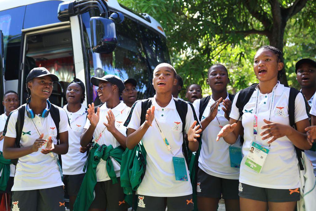  Players of Zambia arrives at the stadium prior to the FIFA U-17 Women's World Cup Dominican Republic 2024 Group D match between Zambia and Japan at Felix Sanchez Stadium on October 23, 2024 in Santo Domingo, Dominican Repubic. (