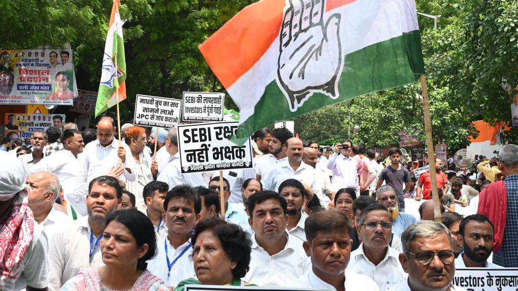 Congress party worker and supporters the Congress party on Thursday protested at Jantar Mantar on the issues of the demand for a JPC probe into the Hindenburg case, the removal of the SEBI chief, unemployment and corruption during the Dharna/Demonstration against unemployment, on August 22, 2024 in New Delhi India.