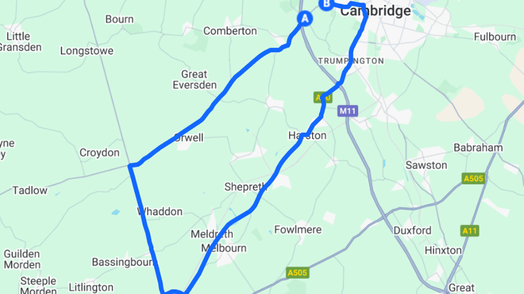 A map showing a diversion route along major roads during the closure of a small section of road overnight near Cambridge