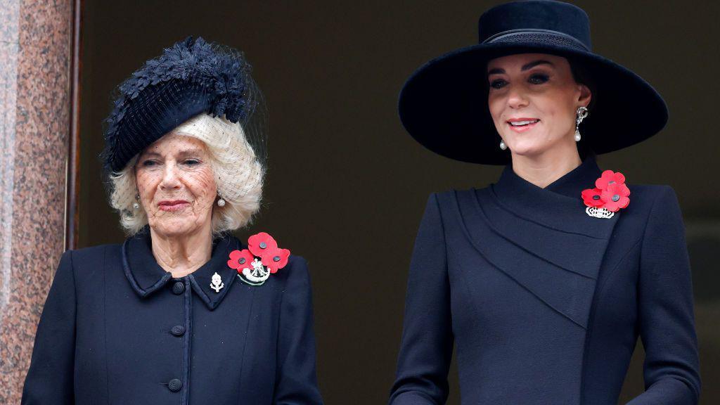 Queen Camilla and the Princess of Wales wearing poppies at the National Service Of Remembrance At The Cenotaph in 2022