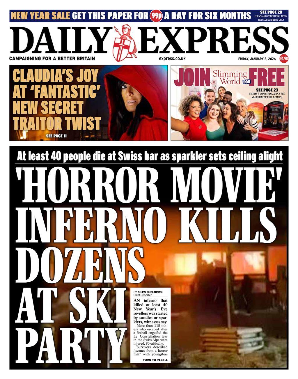 Titulli në faqen e parë të Daily Express thotë: "Ferri i 'filmit horror' vret dhjetëra njerëz në një festë skijimi".