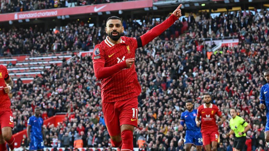 Mohamed Salah celebrates scoring for Liverpool