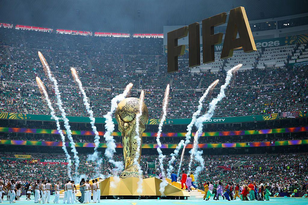 Fireworks going off around a huge replica of the World Cup trophy at the opening ceremony before Mexico v South Africa