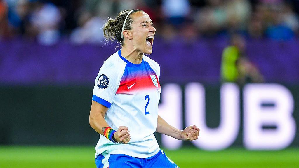 Lucy Bronze of England celebrates the goal during the penalty shootout during the UEFA Womens EURO 2025 Quarter-Final match between Sweden and England