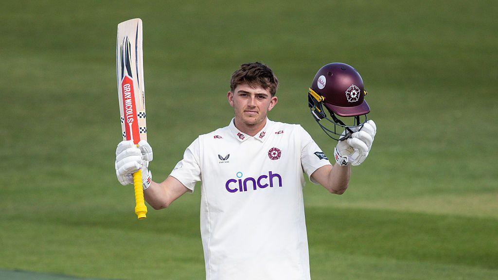 Northants' James Sales celebrates reaching his century against Middlesex
