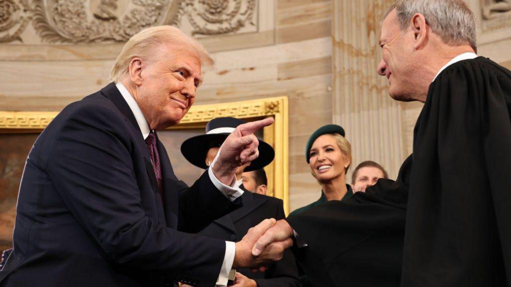 Donald Trump shakes hands with US Supreme Court Chief Justice John Roberts at the president's inauguration in January.