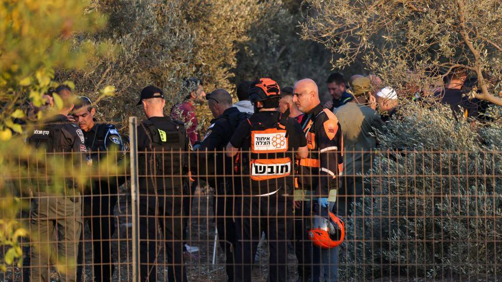 Israeli first responders and security forces in an olive grove near Haifa, northern Israel, where a Hezbollah rocket attack killed two people (31 October 2024)