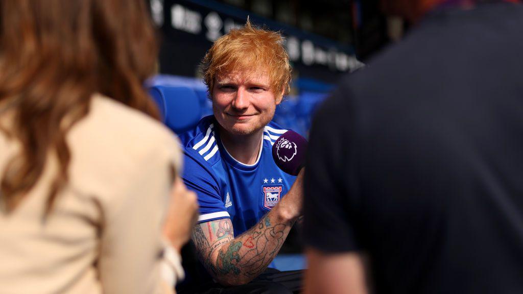 Ed Sheeran, English singer-songwriter and minority shareholder of Ipswich Town FC speaks to the media prior to the Premier League match between Ipswich Town FC and Liverpool FC at Portman Road