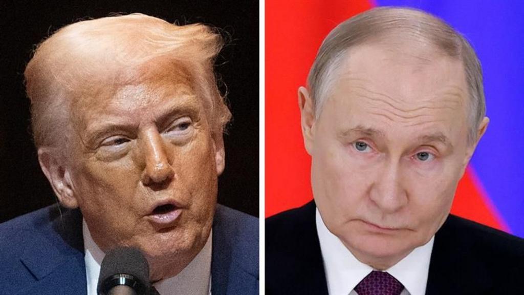 A graphic of two images, one of Donald Trump speaking behind a microphone, and another of Putin looking ahead.