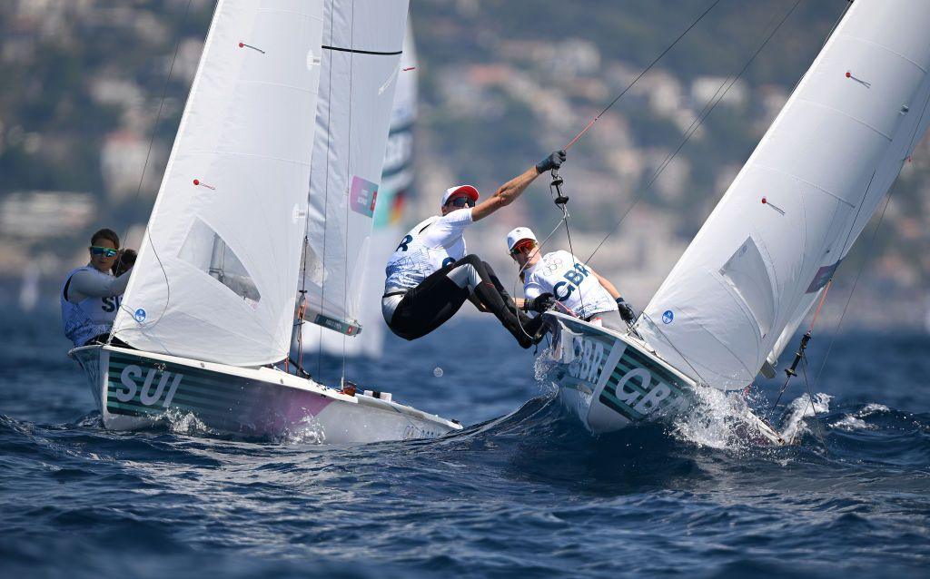 Chris Grube and Vita Heathcote of Team Great Britain compete in the Mixed Dinghy 470 class race on day nine of the Olympic Games Paris 2024 at Marseille Marina on August 04, 2024 in Marseille, France.