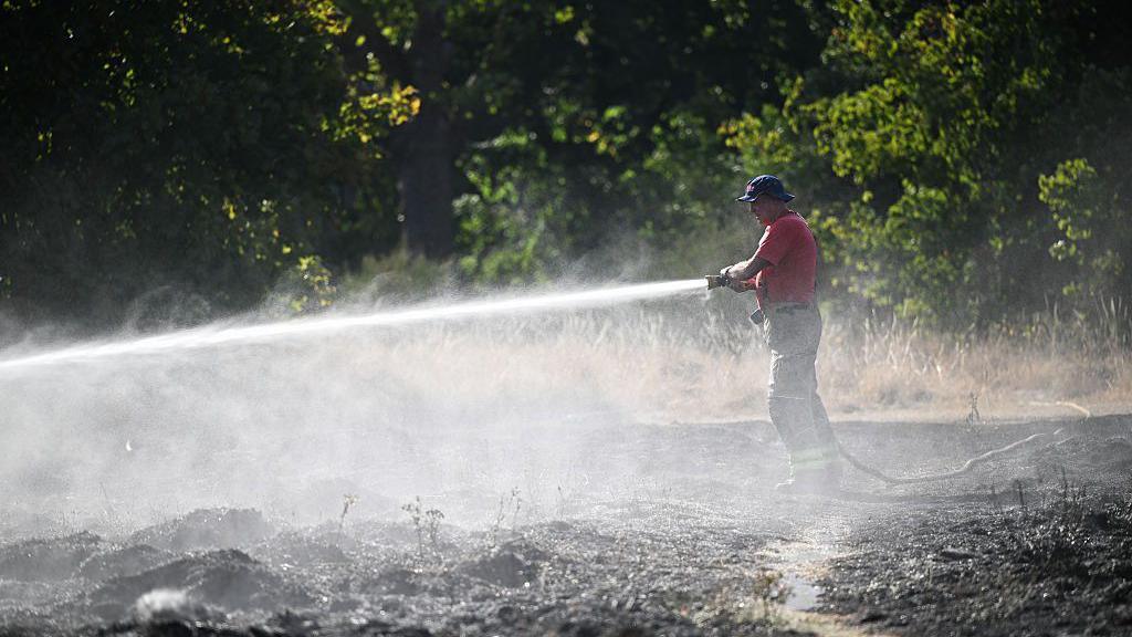 Firefighter spraying water over a burned area of land in hot weather
