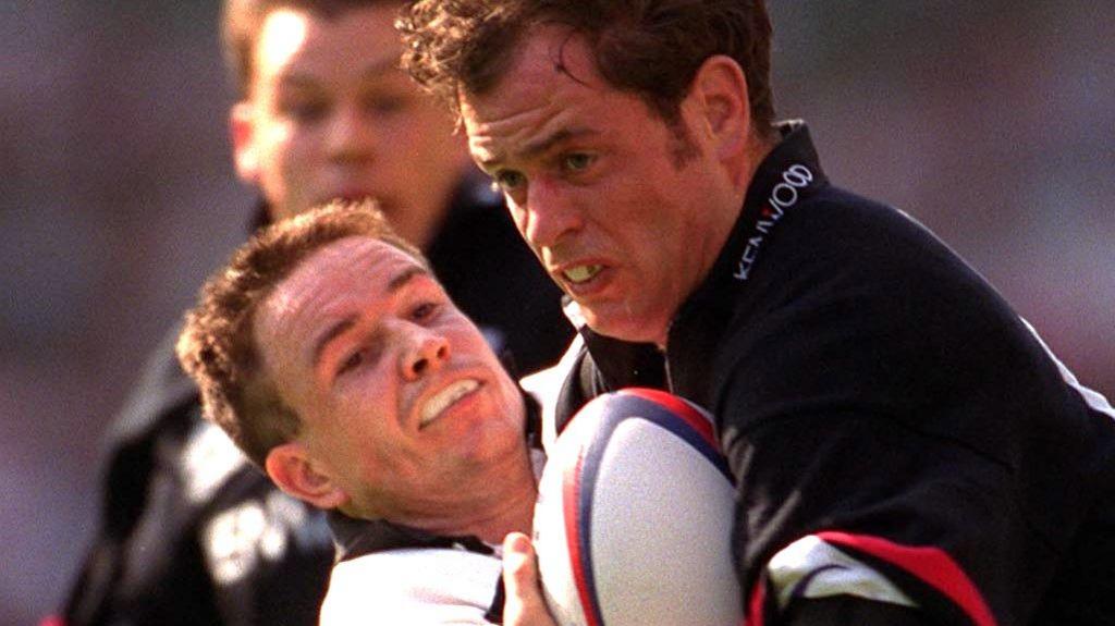 Wasps' Mike Friday and Saracens' Kyran Bracken collide in the 1998 Tetley's Cup final