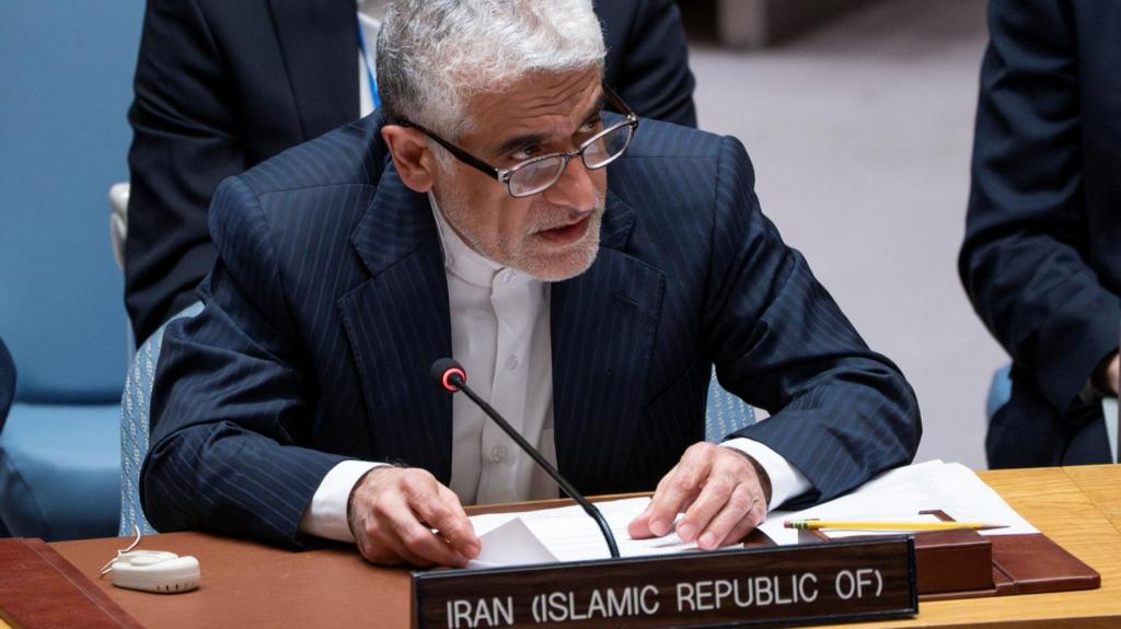 Iran's Ambassador and Permanent Representative to the United Nations Amir Saeid Iravani addresses delegates during a meeting of the United Nations Security Council, following U.S attack on Iran's nuclear sites, at UN headquarters in New York City