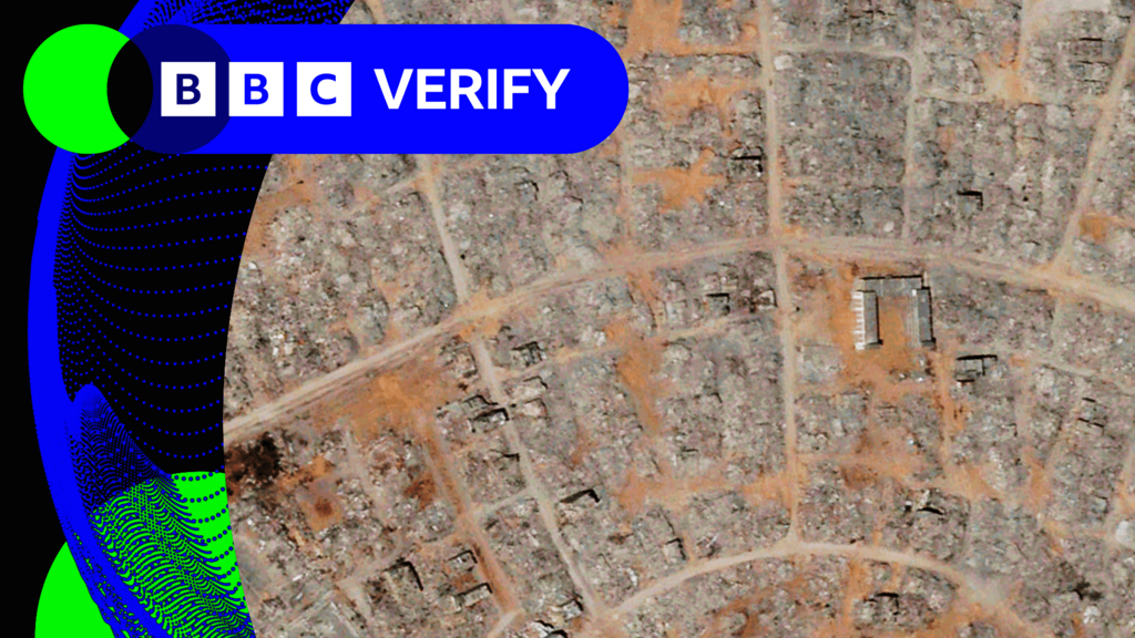  An image showing damage to Rafah in Gaza following Israeli demolition. It is imposed over the BBC Verify logo.