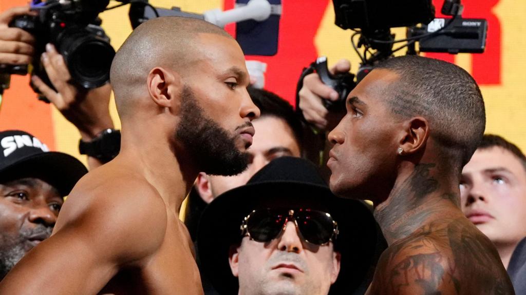 Chris Eubank Jr and Conor Benn pose for pictures at a weigh-in