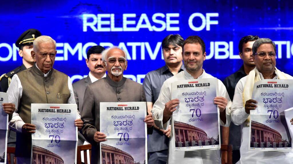 Karnataka Governor Vajubhai Rudabhai Vala, Vice President of India Hamid Ansari, Congress Vice President Rahul Gandhi and Karnataka Chief Minister Siddaramaiah during the release of commemorative edition of National Herald newspaper at Dr. Ambedkar Bhawan on June 12, 2017 in Bengaluru, India.