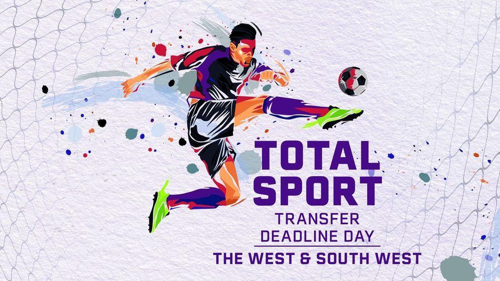 light purple background with footballer made of bright watercolours in action kicking a ball next to the words 'total sport transfer deadline day the west and south west'