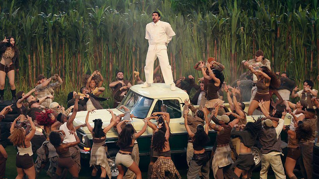 Bad Bunny performing during the Super Bowl half time show