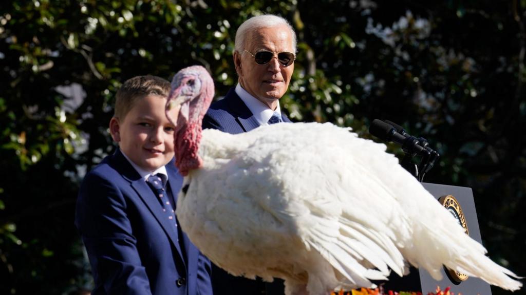 US President Joe Biden (R) pardons one of the National Thanksgiving turkeys, Peach and Blossom from Minnesota, as part of the 77th annual National Thanksgiving Turkey presentation on the South Lawn of the White House in Washington, DC, USA, 25 November 2024.