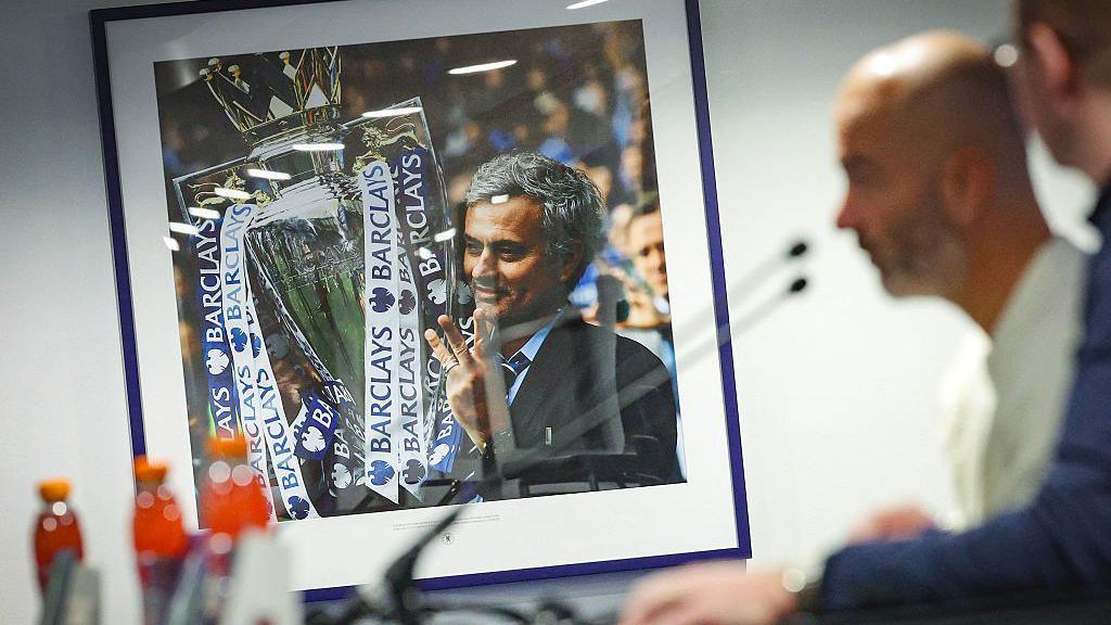 A picture of Jose Mourinho on the wall at Chelsea's ground