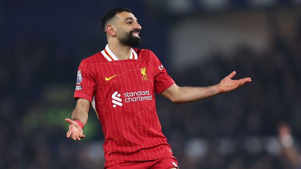 Mohamed Salah reacts during Liverpool's game against Everton