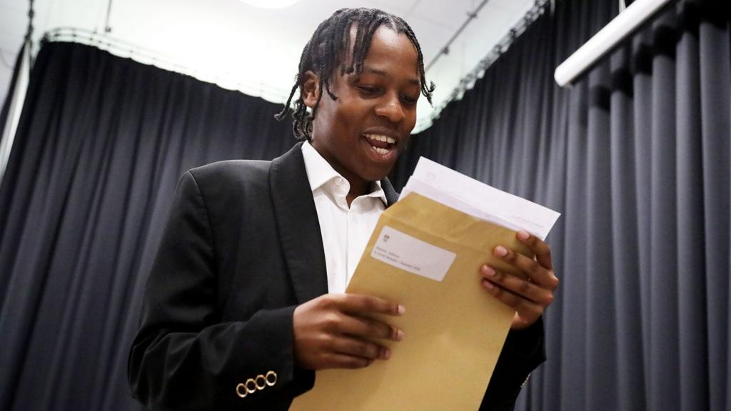 Ashton Katoto reacts after receiving their A-level results at City of London Academy Highgate Hill on August 13, 2026 in Islington, England.