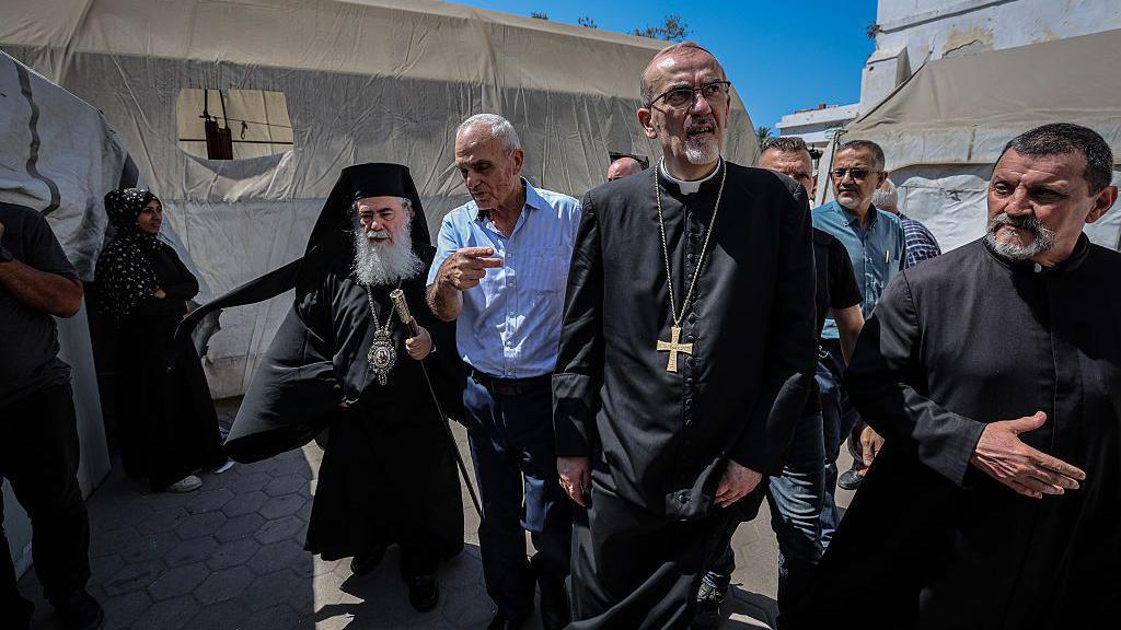 Jerusalem Greek Orthodox Patriarch Theophilos III and Jerusalem Latin Patriarch Cardinal Pierbattista Pizzaballa visit the Holy Family Church, in Gaza City