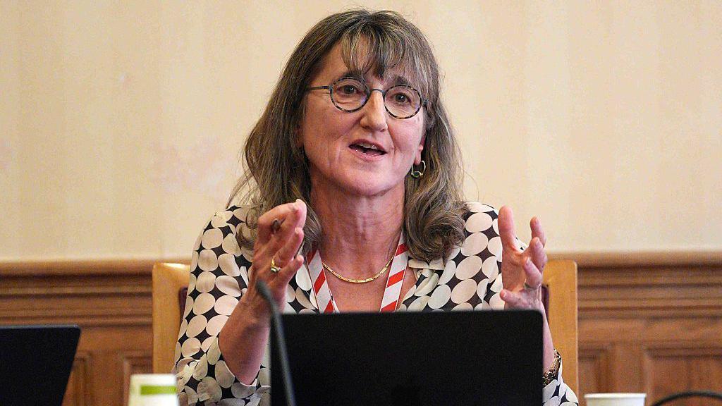 Baroness Beeban Kidron, wearing a black and white patterned shirt, is shown speaking at a discussion about AI and copyright in April.