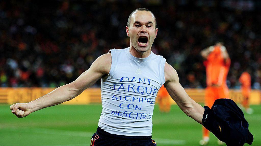 Andres Iniesta celebrating his winner in the 2010 World Cup final by taking of his Spain shirt to reveal a tribute to Dani Jarque.