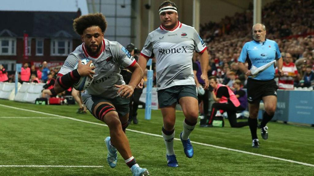 Andy Onyeama-Christie scores his second try for Saracens against Gloucester