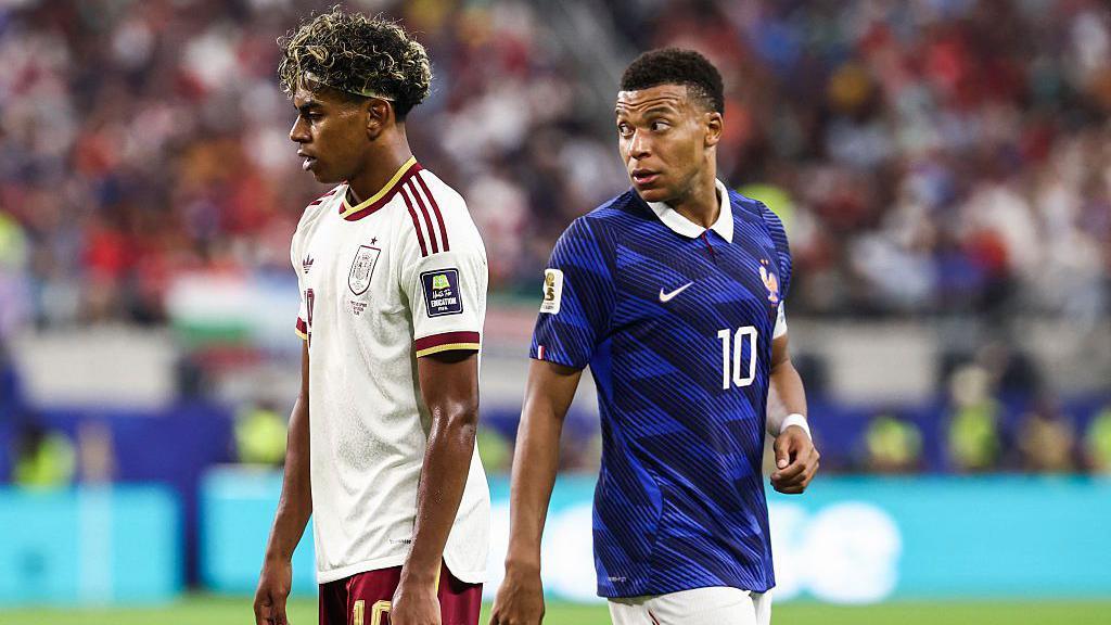 Kylian Mbappe with Spain's forward number 19 Lamine Yamal