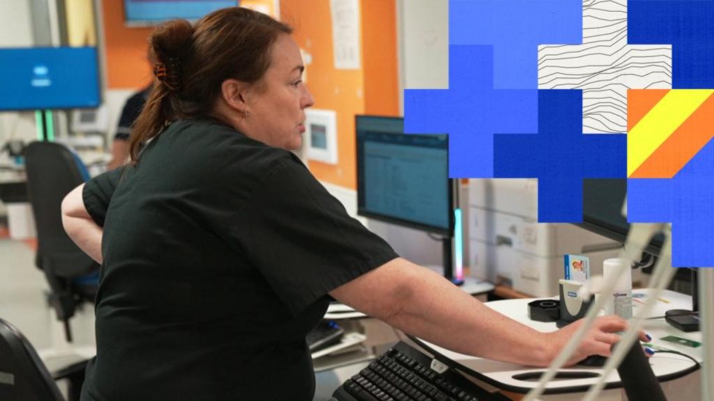 A consultant looks at a computer in the emergency department at the Royal Free