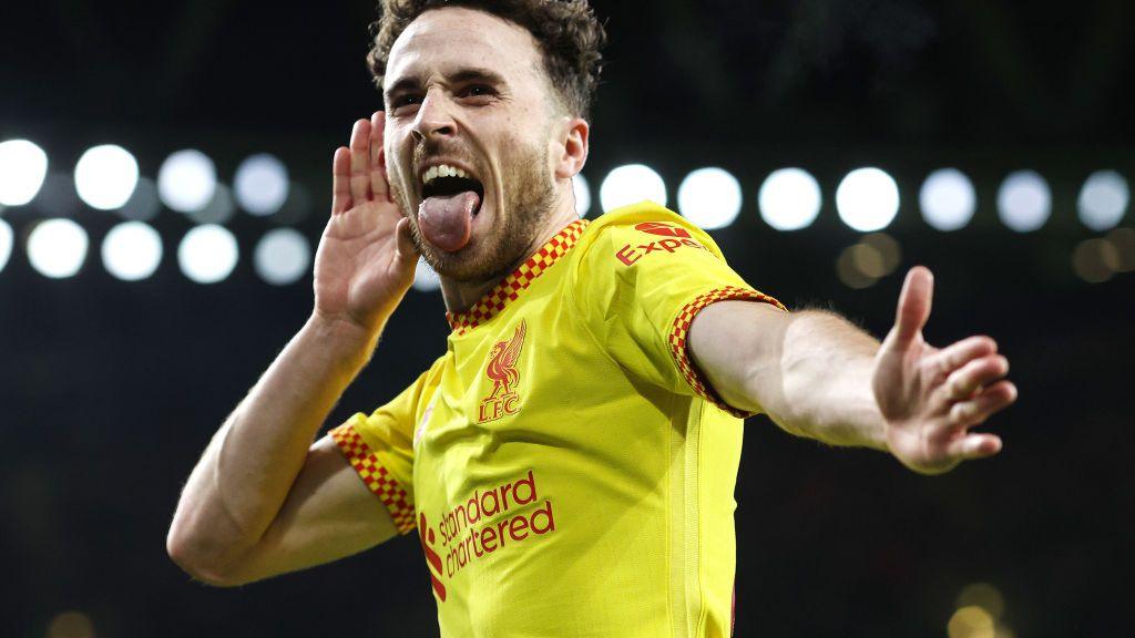 Diogo Jota celebrates scoring against Arsenal in the 2021-22 Carabao Cup semi-final