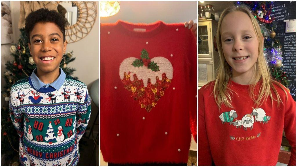 three-photo collage of two children in Christmas jumpers, and a child holding up a Christmas jumper with a heart on it