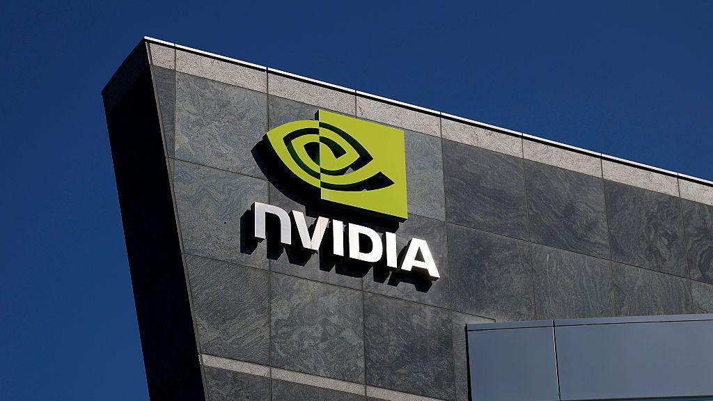 The green and white Nvidia logo is displayed on a sign at the Nvidia headquarters.