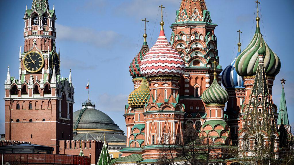 The  Kremlin's Spasskaya tower and St. Basil's cathedral in downtown Moscow