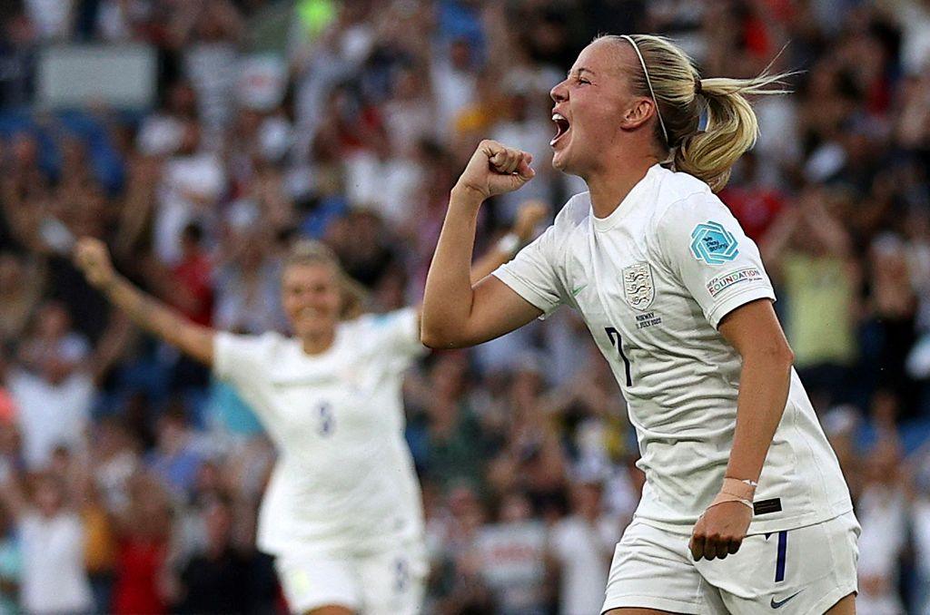 Beth Mead celebrates scoring the team's fourth goal against Norway.