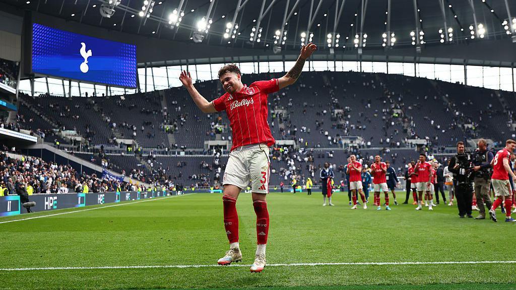 Neco Williams of Nottingham Forest celebrates at the Tottenham Hotspur Stadium