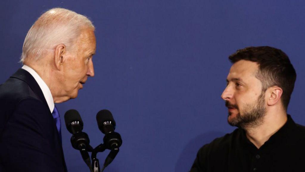 President of United States Joe Biden and President of Ukraine Volodymyr Zelensky during the final day of the NATO Summit in Washington DC, United States on July 11, 2024