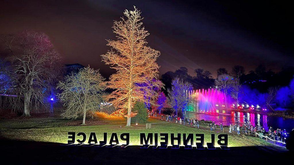 Trees and a lake are lit up at night at the palace with pinks, purple, yellows and greens. Visitors stroll along a path by the water.