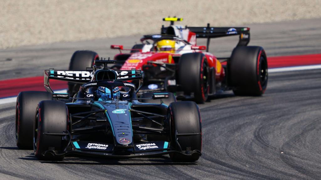 Mercedes' George Russell with Ferrari's Lewis Hamilton just behind him at the Barcelona-Catalunya Grand Prix