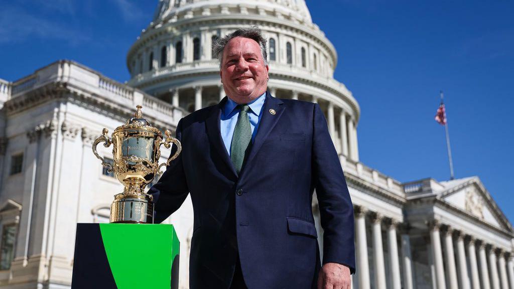 Congressional Rugby Caucus Co-Chair Congressman Alex Mooney (R-WV) stands with the Webb Ellis Cup at the United States Capitol