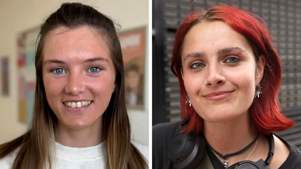 A composite image of Neala Sheils - who smiles, with blue eyes and brown hair - and El Cousins - who has short red hair