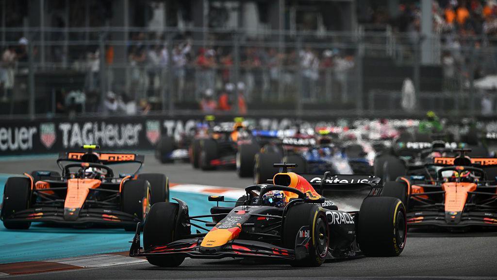 Max Verstappen and Lando Norris in action during the Miami Grand Prix