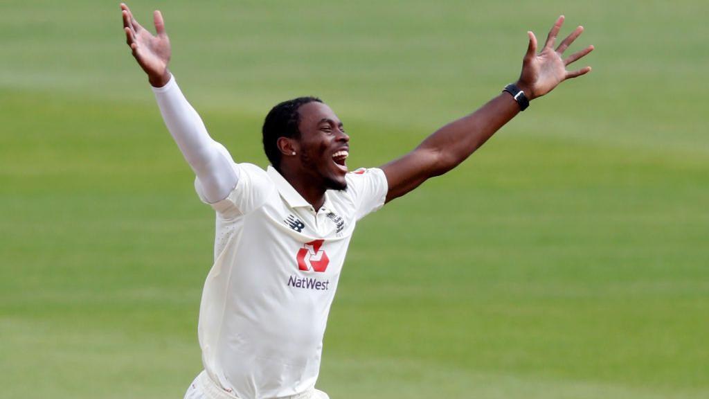 England bowler Jofra Archer appealing for a wicket