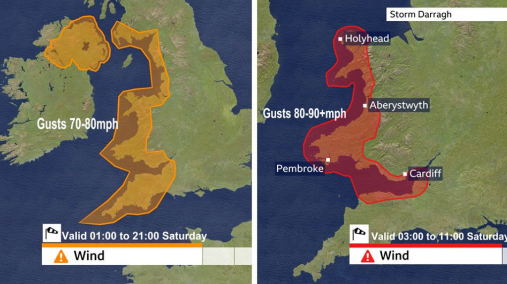 A met office weather map showing the predicted progress of Storm Darragh.