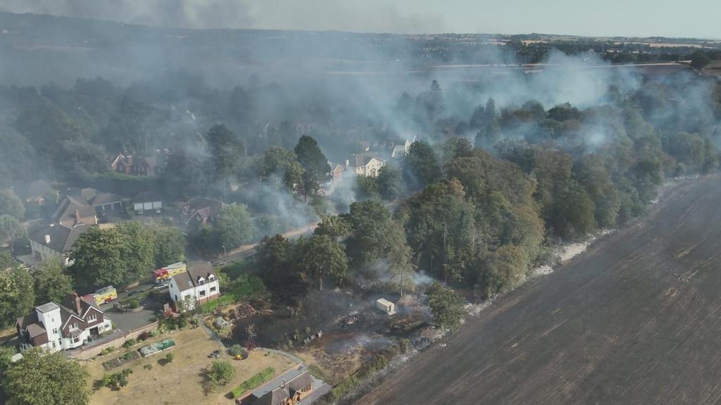 Smoke drifts above homes and trees