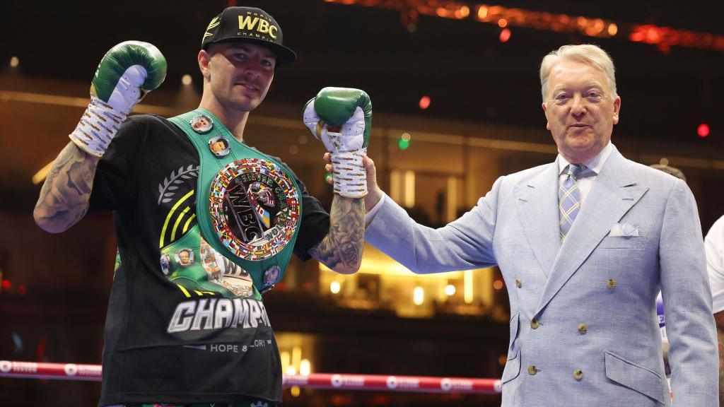 Mark Chamberlain with his promoter Frank Warren after victory over Joshua Wahab in Saudi Arabia