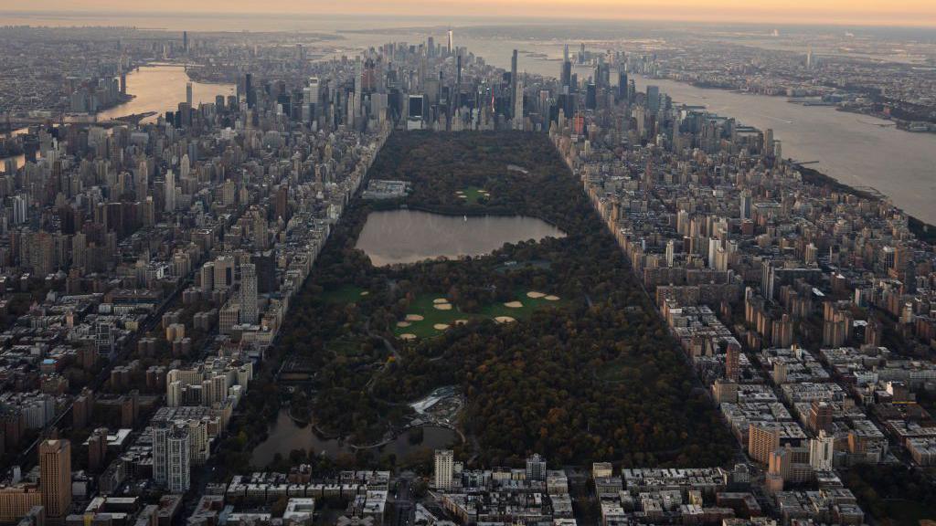  A sunrise aerial view of Central Park on November 06, 2023 in New York City. 