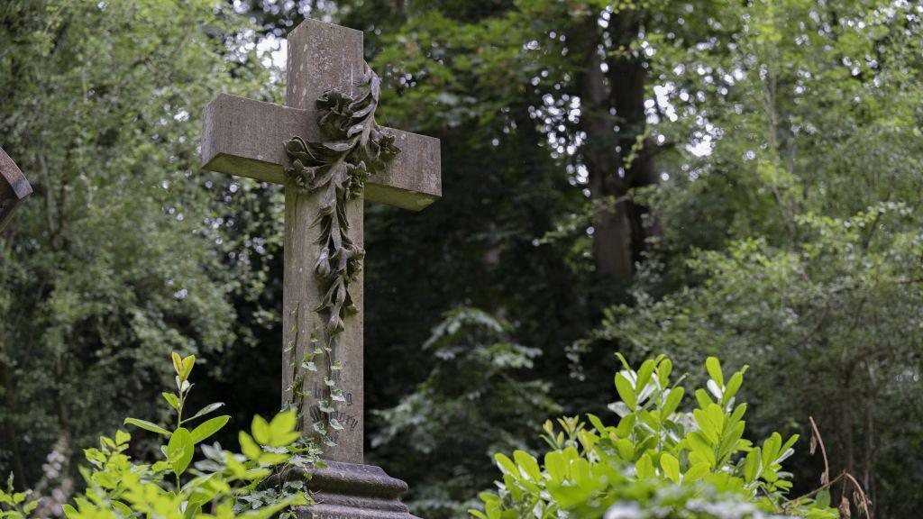 A view of tombstones at the London Highgate Cemetery that was built in 1839.